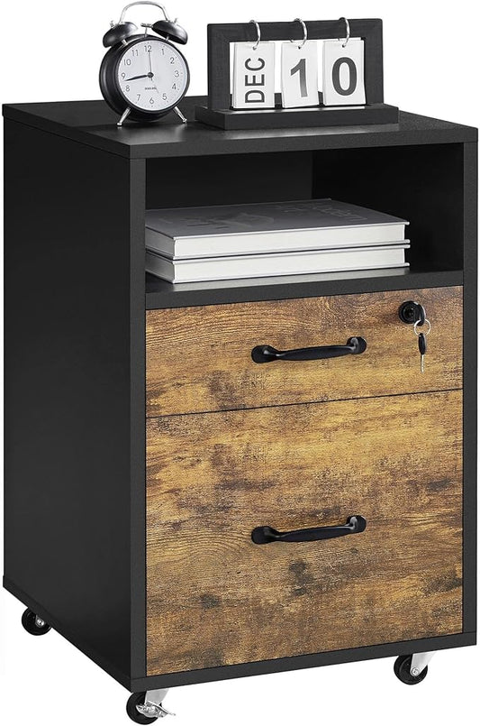 Topeakmart Rolling Vertical Filing Cabinet with 2 Drawer and 1 Open Compartments, File Storage Cabinet with Lock, Printer Stand for Home and Office Black/Rustic Brown