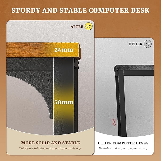 55 x 24 inch Desk with Power Outlets, No wobble Computer Desk with 0.95 Inch Thicker Desktop & Monitor Stand & Light & Storage Bag, Office Writing Desk for Home Office, Study, Bedroom, Brown