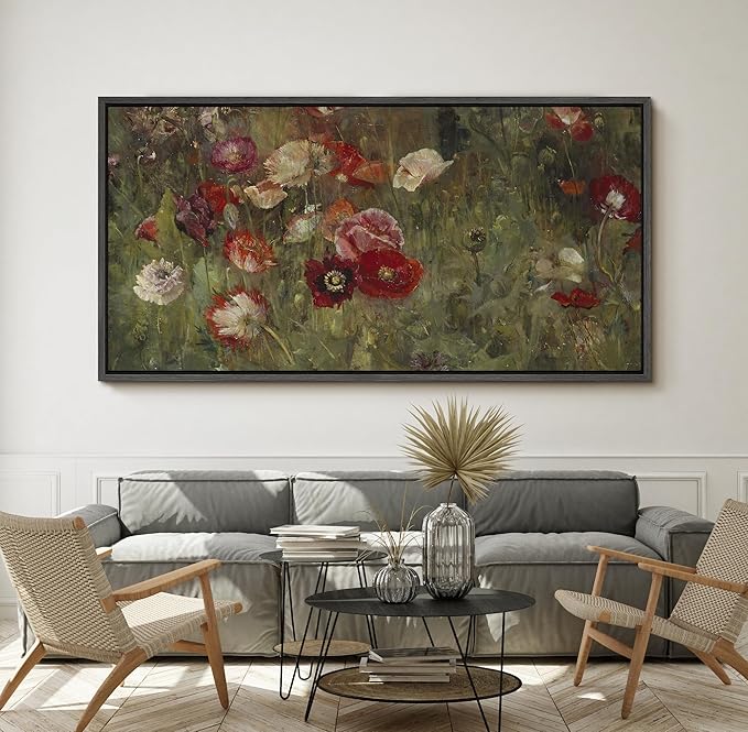 SIGNFORD Extra Large Framed Canvas Vintage Red and White Poppy Field Illustrations Modern Art Calm Warm for Living Room, Bedroom, Office - 60"x30"