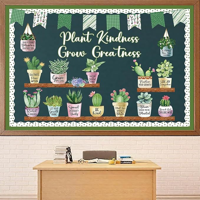 55 Pcs Plant Bulletin Board Decoration Plant Kindness Grow Greatness Bulletin Board Set Greenery Cutouts Positive Succulent Potted Kits for Back to School Classroom Elementary Teacher Decor