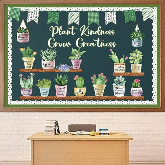 55 Pcs Plant Bulletin Board Decoration Plant Kindness Grow Greatness Bulletin Board Set Greenery Cutouts Positive Succulent Potted Kits for Back to School Classroom Elementary Teacher Decor