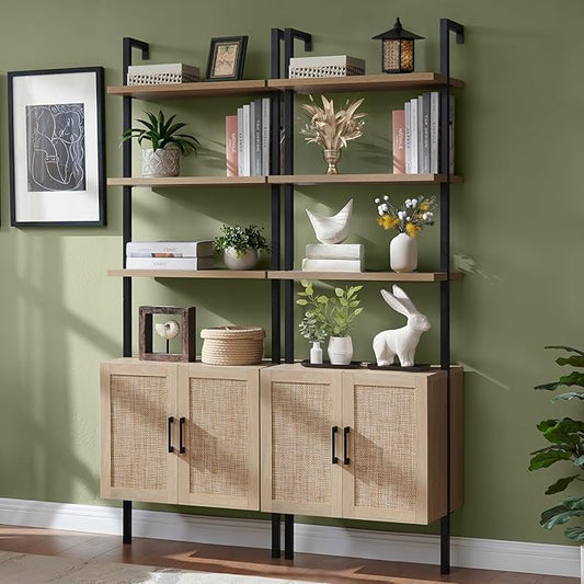5 Tier Book Shelf Set of 2, 73" Tall Bookshelf with Storage, Modern Bookcase with Shelves, Wall Mount Ladder Shelf with Steel Frame, Bookshelves with Rattan Cabinet for Living Room (Weathered Oak)
