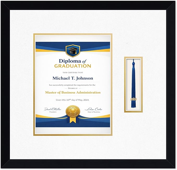 Diploma Frame with Tassel Holder Matte Black Shadowbox Oyster Shell Over Gold Mat - Fits 8.5 x 11 Degree Made in the USA