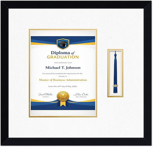 Diploma Frame with Tassel Holder Matte Black Shadowbox Oyster Shell Over Gold Mat - Fits 8.5 x 11 Degree Made in the USA