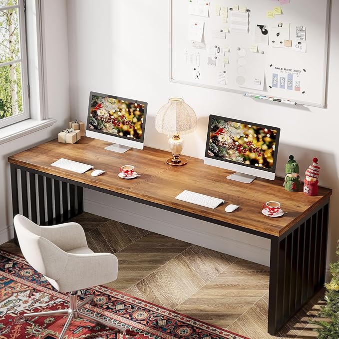 Tribesigns 2-Person Desk with Metal Frame, 78.74" Double Desk for Two People, Industrial Long Computer Writing Table for 2 People Home Office (Oak)