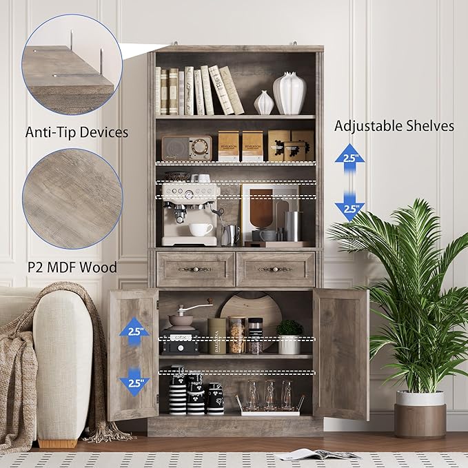 70.1" Tall Bookshelf with Drawers & Cabinet, 5-Tier Floor Standing Bookcase with Storage Doors, Adjustable Shelves & Metal Handles, 31.5" Wide Organizer for Home Office, Living Room