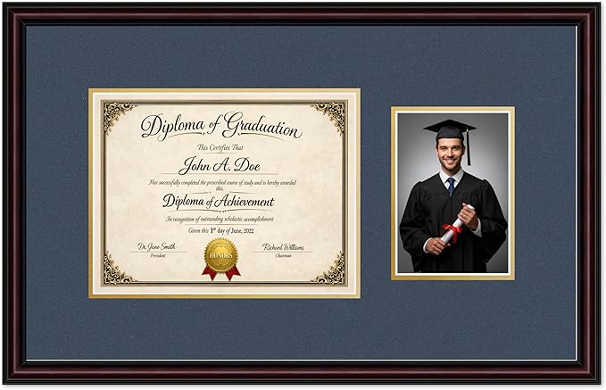 Diploma Frame With Photo Opening Executive Brown Navy Blue Over Gold Mat - Fits 11 x 8.5 Degree and Picture Made in the USA