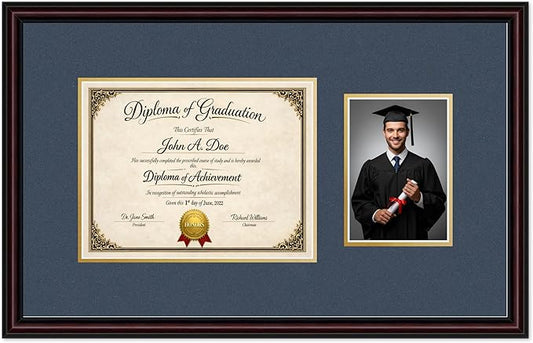 Diploma Frame With Photo Opening Executive Brown Navy Blue Over Gold Mat - Fits 11 x 8.5 Degree and Picture Made in the USA