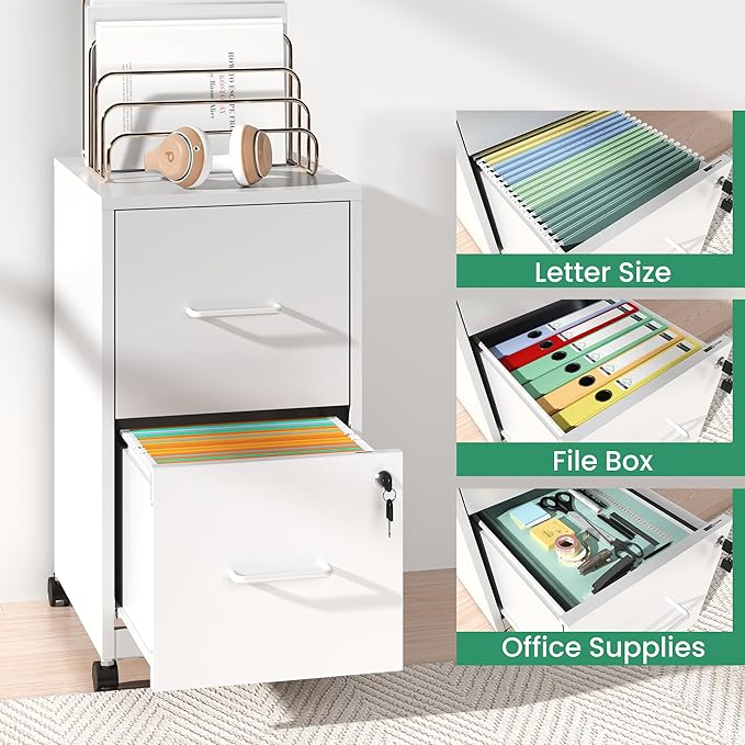 2-Drawer Mobile File Cabinet with Lock & Wheels,Under Desk File Cabinets for Home Office,Steel Rolling Cabinet for Legal/Letter Files(White)