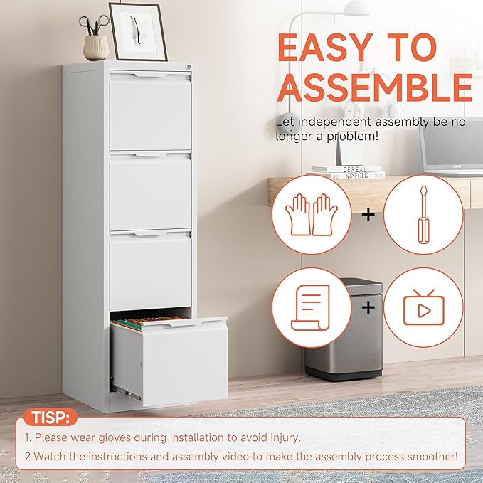 4 Drawer File Cabinet,Metal Vertical File Storage Cabinet with Lock,Filing Cabinets for Home Office,A4 Legal/Letter, Assembly Required(White)