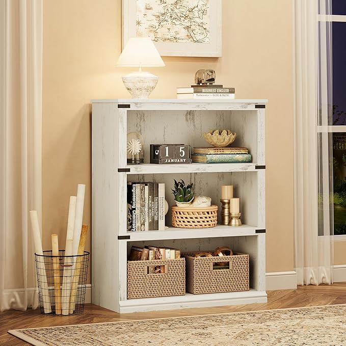Farmhouse Book Shelf, 3 Tier Book Shelf for Display, 39.9" Wooden Bookcase for Storage, 3 Shelf Display Shelvesfor Home Office, Living Room, Bed Room-White