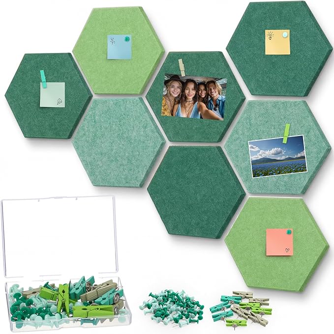 8 Pcs 12" Large Hexagon Felt Cork Bulletin Board Tiles Self Adhesive DIY Pin Board with 50 Push Pins and 10 Colored Clips, Wall Decor for Office Home Kitchen Photos Memos(Green)