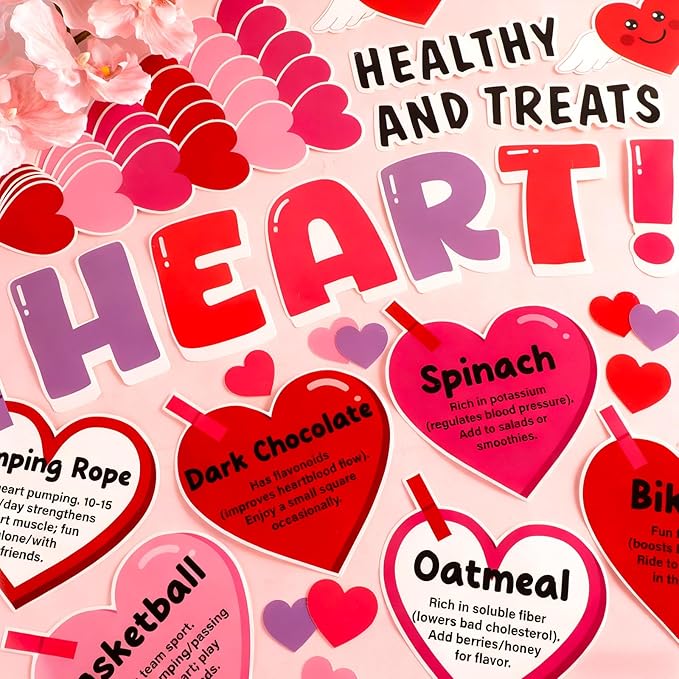 Valentine's Day Heart Health Bulletin Board Set Valentine Sweet to Your Heart Classroom Decoration Healthy Treats and Exercises Bulletin Board Hearts Cutouts for School Home Chalkboard Wall Decor