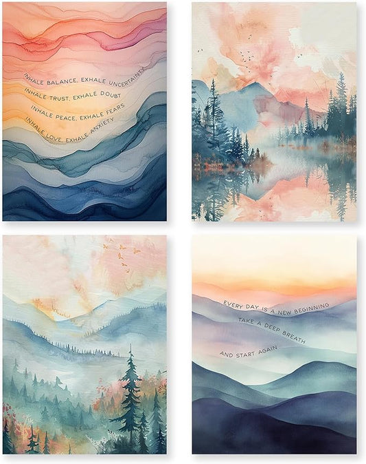 Inhale Exhale Mental Health Wall Art Prints Set of 4, Therapy Office Decor, Watercolor Abstract Prints for Wall Decor, Calming Breathe Poster for Therapy Counselling Room 12”x16” Unframed