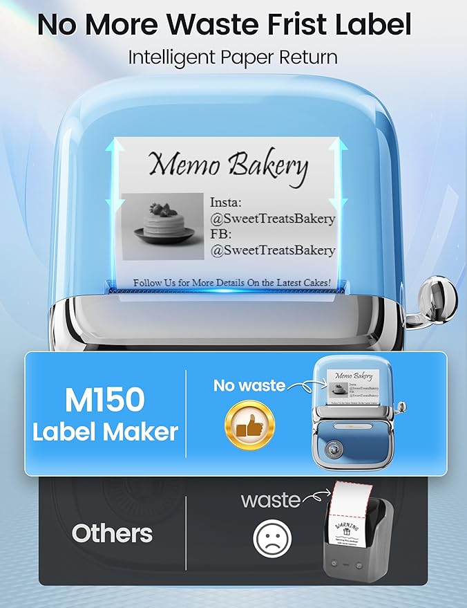 Phomemo M150 Label Maker - 2" Bluetooth Thermal Printer, 203DPI Auto-Return, 700+ Templates, Works with Phone/PC