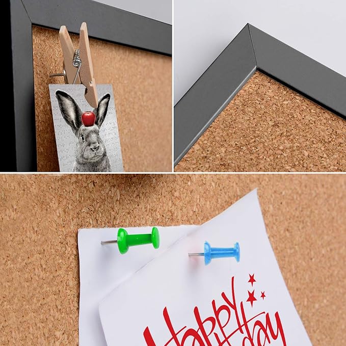 AkTop Cork Board Bulletin Board 12x12, Black Framed Corkboard 4 Pack, Small Square Pin Board for Wall, Mini Thick Cork Tiles with 16 Push Pin Wood Clips for School, Home & Office