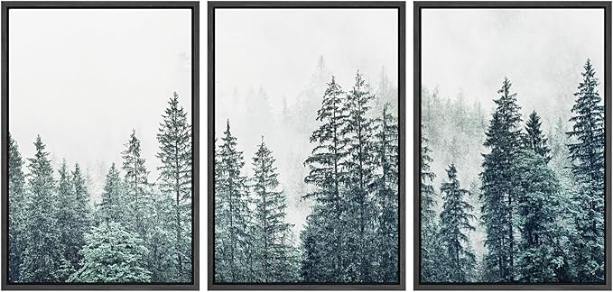 SIGNWIN Framed Canvas Print Wall Art Woodland Nursery Decor Set Film Grain Misty Mountain Pine Trees Nature Wilderness Modern Art Chic Landscape for Living Room, Bedroom, Office - 16"x24"x3 Black