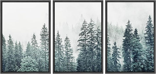 SIGNWIN Framed Canvas Print Wall Art Woodland Nursery Decor Set Film Grain Misty Mountain Pine Trees Nature Wilderness Modern Art Chic Landscape for Living Room, Bedroom, Office - 16"x24"x3 Black