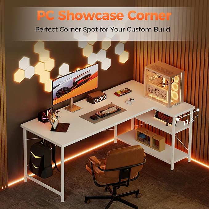 Mericonia Small L Shaped Computer Desk, Reversible Gaming Desk with Storage Shelves, Corner Gamer Desk Table, Study Writing Table