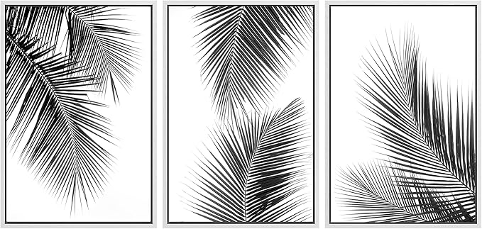 SIGNWIN 3 Piece Framed Canvas Wall Art Black and White Tropical Leaves Canvas Prints Home Artwork Decoration for Living Room,Bedroom - 16"x24"x3 White