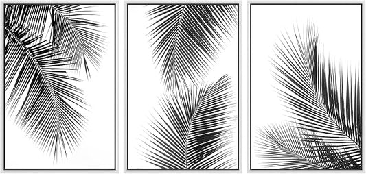 SIGNWIN 3 Piece Framed Canvas Wall Art Black and White Tropical Leaves Canvas Prints Home Artwork Decoration for Living Room,Bedroom - 16"x24"x3 White