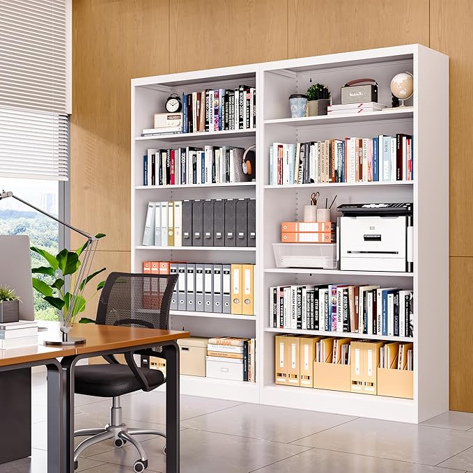 Book Shelf,5 Tier Metal Bookshelves,66" Tall Free Standing Bookcase with Adjustable Storage Shelves, Large Bearing Bookcase for Bedroom Living Room Home Office,White Bookshelf