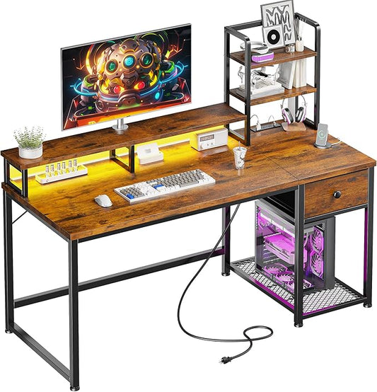 EnHomee 44 Inch Computer Desk with Hutch and Drawers,Reversible Home Office Desk with Monitor Shelf,Small Gaming Desks with USB Power Outlets,Writing Table for Office with LED Lights,Rustic Brown