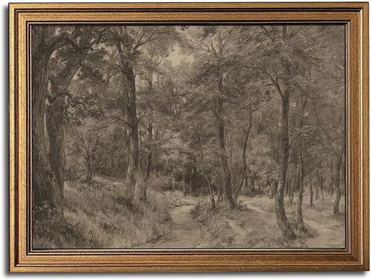 Gold Framed Wall Art Vintage Canvas Wall Art Nature Charcoal Landscape Path Forest Artwork Prints Picture for Living Room Bedroom Farmhouse Bathroom Office Decor, 12x16