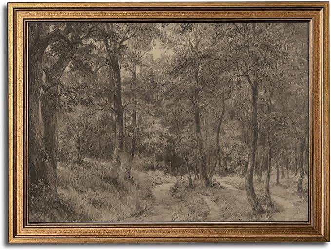 Gold Framed Wall Art Vintage Canvas Wall Art Nature Charcoal Landscape Path Forest Artwork Prints Picture for Living Room Bedroom Farmhouse Bathroom Office Decor, 16x24