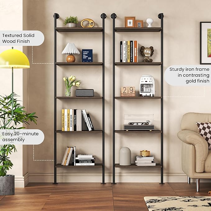 5-Tier Bookshelf - Solid Wood Narrow Ladder Shelf Set of 2, Wall Mount Bookcase for Living Room, Bedroom - Industrial Style, Dark Brown