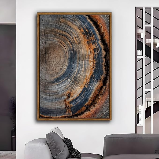 IBHJSART Framed Tree Ring Canvas Wall Art Vintage Colorful Wood Stump Painting Prints Modern Minimalist Pictures Neutral Nature Rustic Farmhouse Decor Living Room Bedroom Bathroom Office 12"x16" Natural Framed