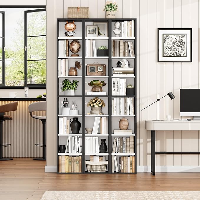 FOTOSOK 2 Pcs 71'' Tall Narrow Bookshelf, 8-Tier Media Tower Rack Set of 2, CD DVD Storage Cabinet with Adjustable Shelves, Tall Narrow Bookcase Skinny Display Bookshelf Slim Shelf, White/Black