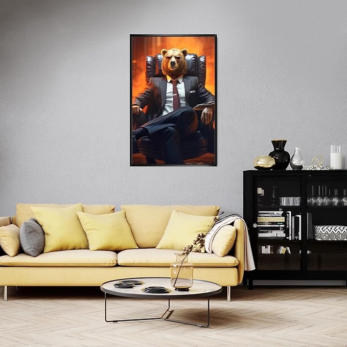 Trendy Suit Animal Bear Portrait Wall Art Funny Boss Bear Canvas Posters Work Struggle Motivation Inspiring Prints Painting For Office Living Room Wall Decor 12x16in Framed