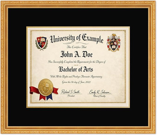 CountryArtHouse Diploma Frame Fits 14 x 11 College Diploma (Modern) - Keepsake Graduation Display Museum Gold Genuine Hardwood with Black Over Metallic Gold Double mat