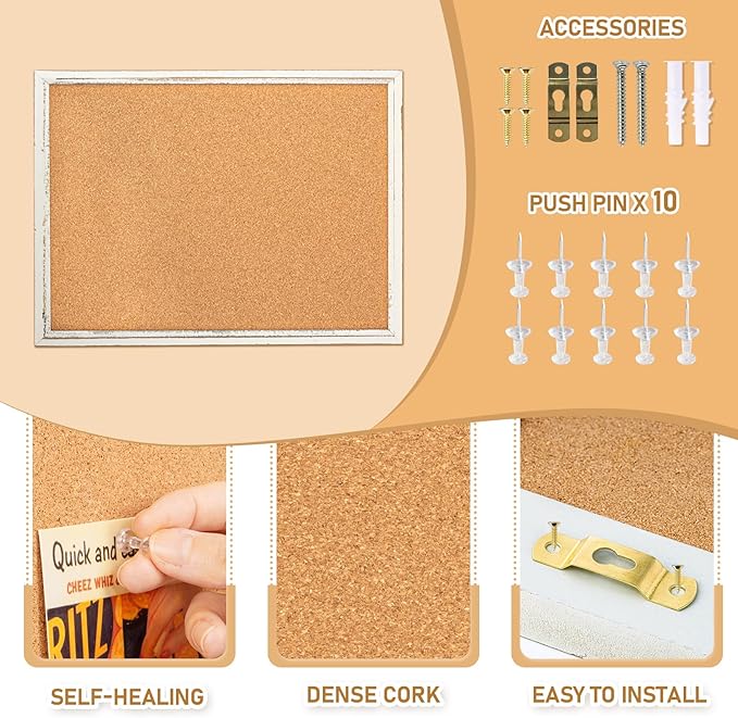 DOLLAR BOSS White Cork Board for Wall - 36 X 24 Inches, Rustic Wooden Frame Bulletin Board, Decorative Hanging Pin Board for Office & Home Decor