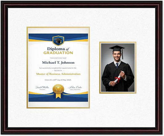 Diploma Frame With Photo Opening Executive Brown Oyster Shell Over Gold Mat - Fits 8.5 x 11 Degree and Picture Made in the USA