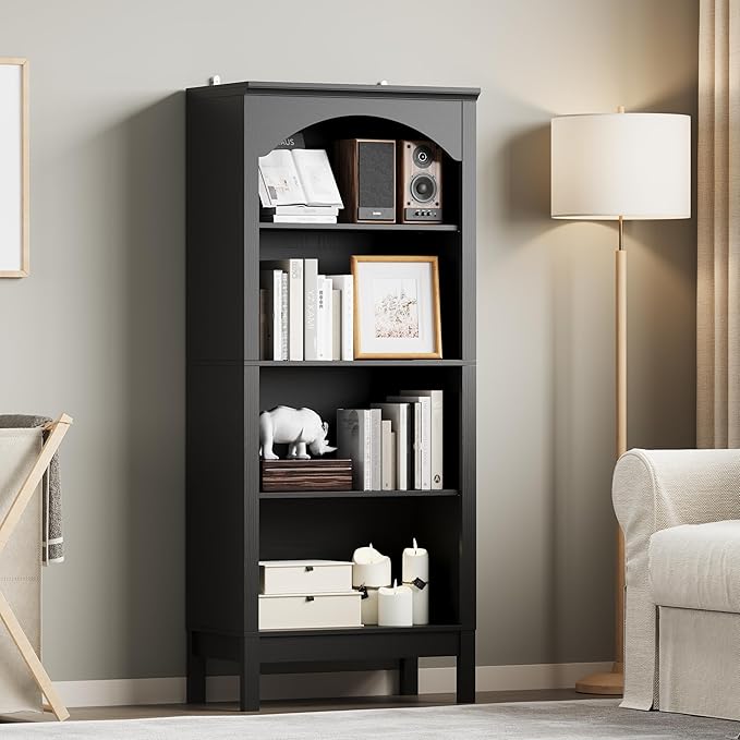 Arched Bookshelf with 4 Tier Open Shelves, 56" Tall Wood Bookcase with Adjustable Shelves, 24" Wide Floor Standing Display Storage Shelf for Home Office, Kitchen, Study and Living Room, Modern Black