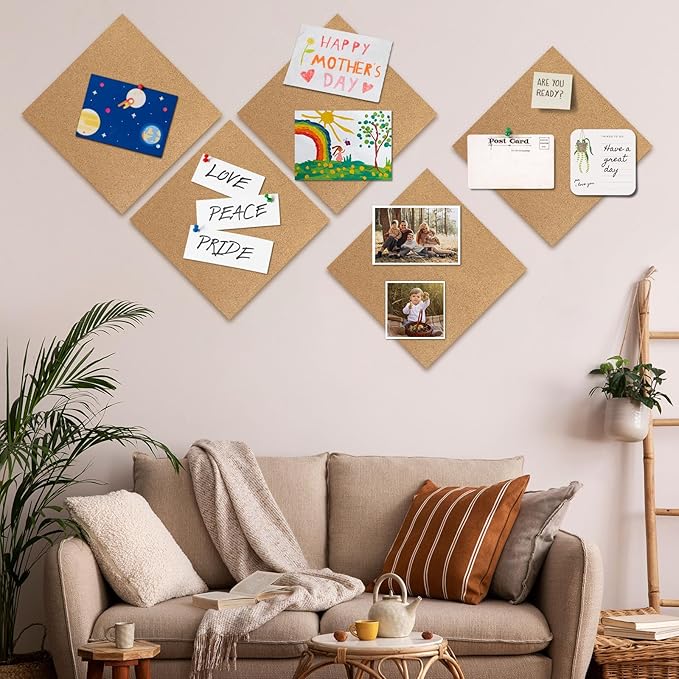 Cork Board 6 Pack 12"x12" - 1/2" Bulletin Boards Self Adhesive Corkboards for Wall School Home Office with 100 Push Pins