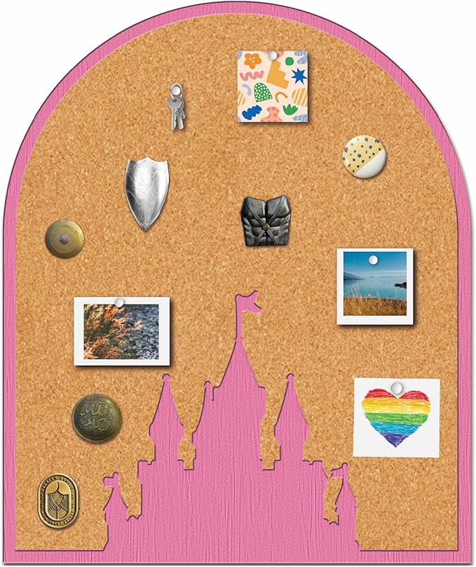 CRASPIRE Pink Castle Pin Cork Board 11.8x9.8In Wall Mounted Framed Bulletin Decorative Corkboard Display Badge Memory Memo Brooch Lapel Pin Holder Storage for Home Office School Classroom Wedding