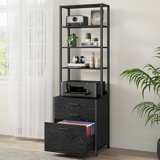 VASAGLE File Cabinet, Home Office Filing Cabinet with Height-Adjustable Open Shelves, 3 Drawers, for A4, Letter-Size Hanging File Folders, Steel Frame, for Home Office, Ebony Black UOFC078B16