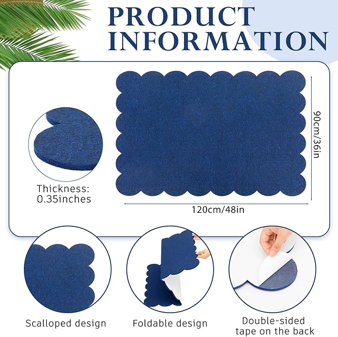 Scalloped Felt Bulletin Board 48 x 36 Inches Foldable Dark Blue Pin Cork Board Alternative for Wall, 4' x 3' Trifold Picture Vision Self Adhesive Bulletin Decorative