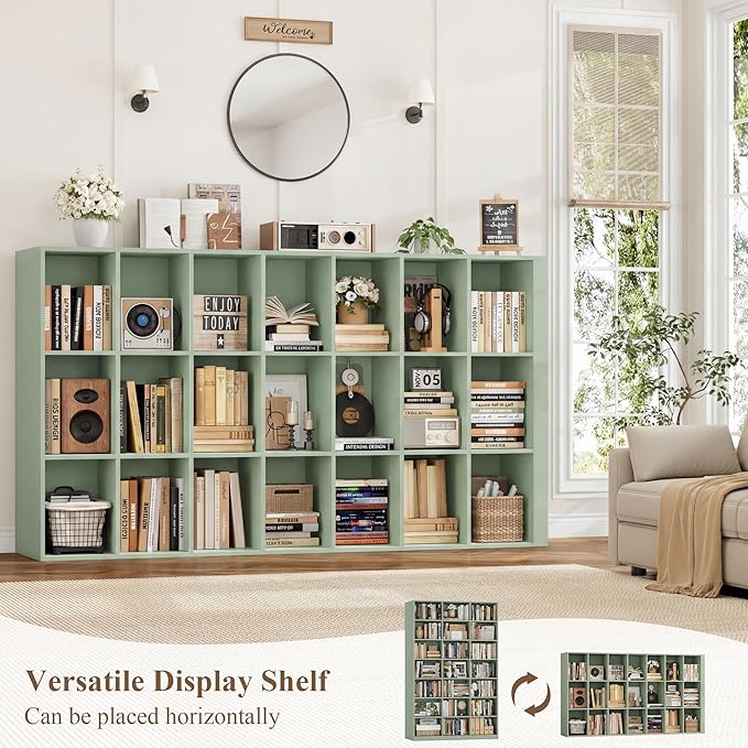 HOSTACK 86" H Triple Wide Bookshelf and Bookcase, 7 Tier Tall Bookshelf with Storage, Large Bookcase with 21 Open Display Storage Shelves, Wood Book Shelf Media CD DVD Storage for Living Room, Green