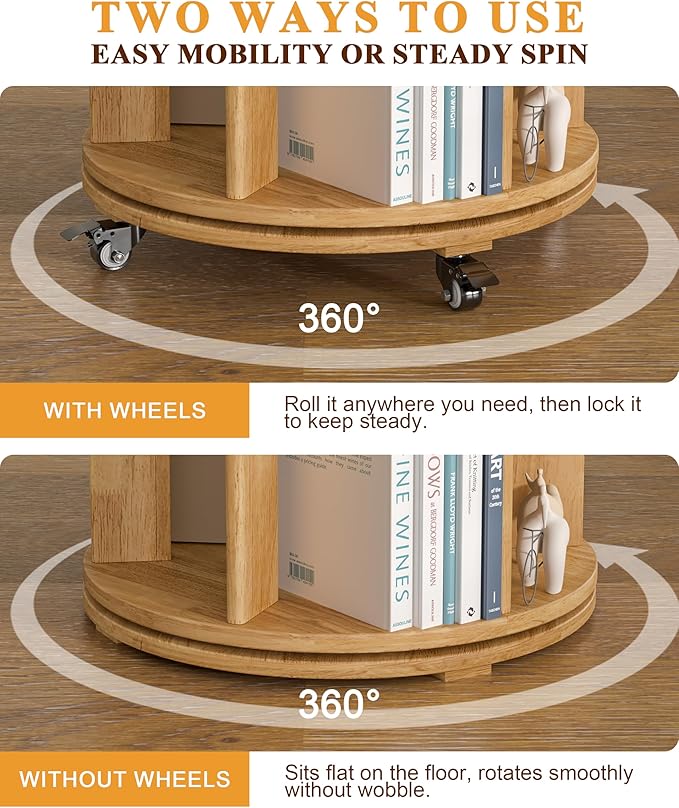 Rotating Bookshelf, 4 Tier Solid Wood Bookshelf Tower with Lockable Wheels, 360° Spinning Revolving Bookcase for Small Spaces, Corners, Bedroom, Kids Room, Home Office, Natural