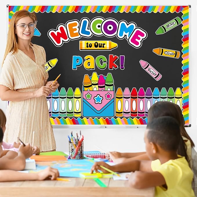Welcome to Our Pack Bulletin Board Decorations Back to School Crayon Theme Classroom Bulletin Board Border Set Colorful Crayons Name Tags for School Teacher Supplies Home Wall Decor