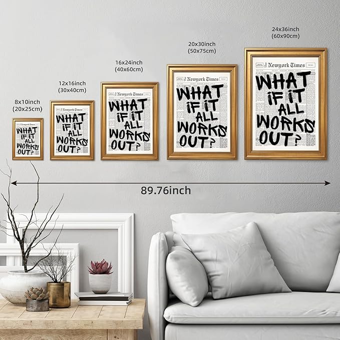 What If It All Works Out Wall Art Retro Black and White Newspaper Motivational Poster Positive Affirming Quote Minimalist Canvas Print for Bedroom Living Room Home Decor 24x36inch Vintage Framed