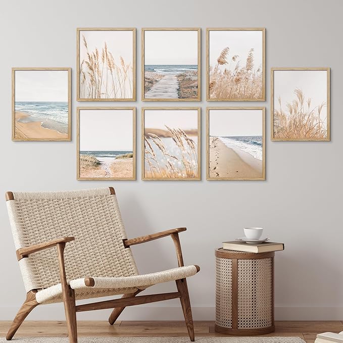 SIGNWIN Framed Poster Wall Art Set of Coastal, Beach Ocean Nature Landscape Prints, Pampas Grass for Living Room, Bedroom, Office - 8"x10"x 8 Natural