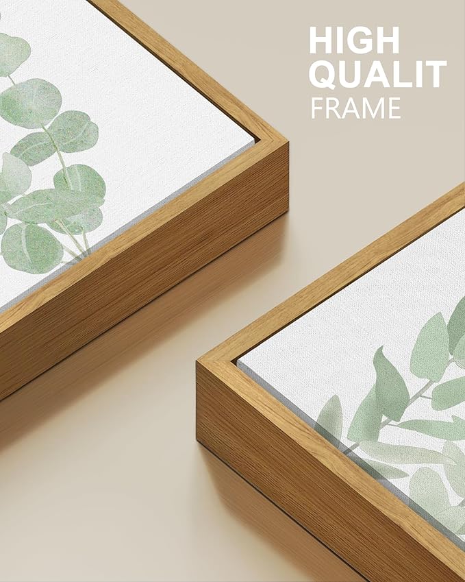 Drsoum Framed Botanical Plant Canvas Wood Wall Art Light Green Sage Wall Decor Eucalyptus Leaf Picture for Bedroom Living Room Bathroom Office 12”x 16” x 3pcs