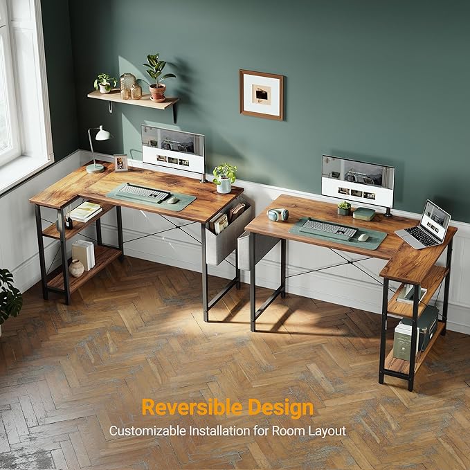 CubiCubi L Shaped Desk, 55 Inch Computer Desk with Reversible Storage Shelves Home Office Corner Desk Study Writing Table, Deep Brown
