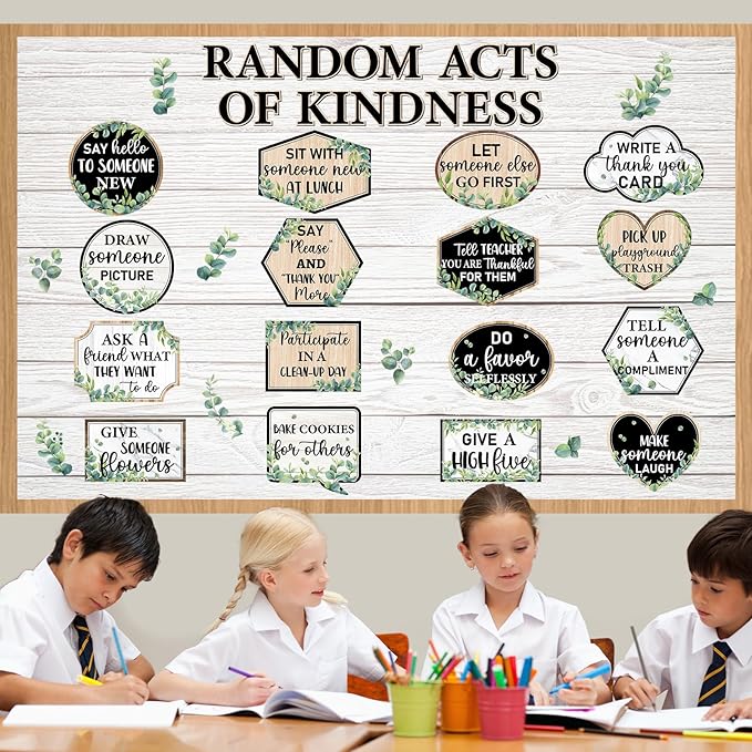 Greenery Random Acts of Kindness Bulletin Board Set Eucalyptus Classroom Bulletin Board Decorations Kindness Challenge Cutouts Classroom Decorations for Back to School Office Chalkboard Decor