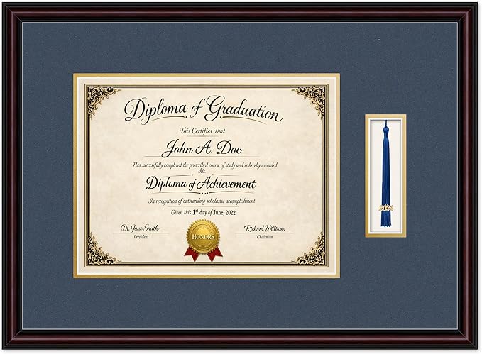 Diploma Frame with Tassel Holder 23.25 x 17 Executive Brown Shadowbox Navy Blue Over Gold Mat - Fits 13 x 10 Degree Made in the USA